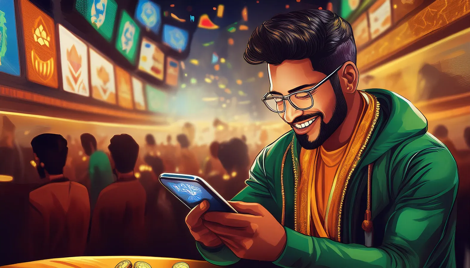 Illustration of an adult using a mobile phone for online sports account access